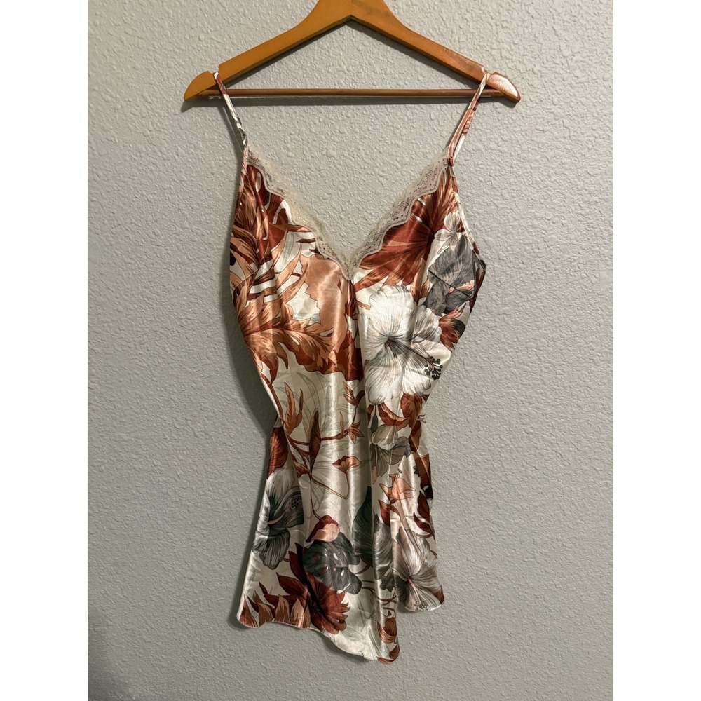Unbranded Womens Floral Satin Lace Trim Slip Dress Chemise Orange Medium Vintage